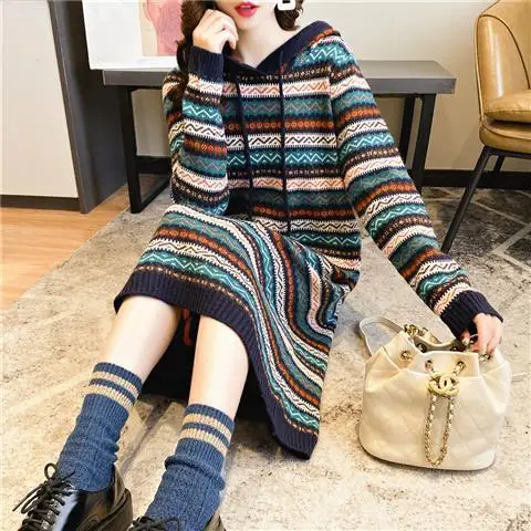

Women's retro, ethnic style, striped, loose, hooded long sleeve Pullover