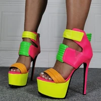 linamong lemon yellow green pink patchwork hook look platform sandals woman sexy super thin heels peep toe sandals club shoes
