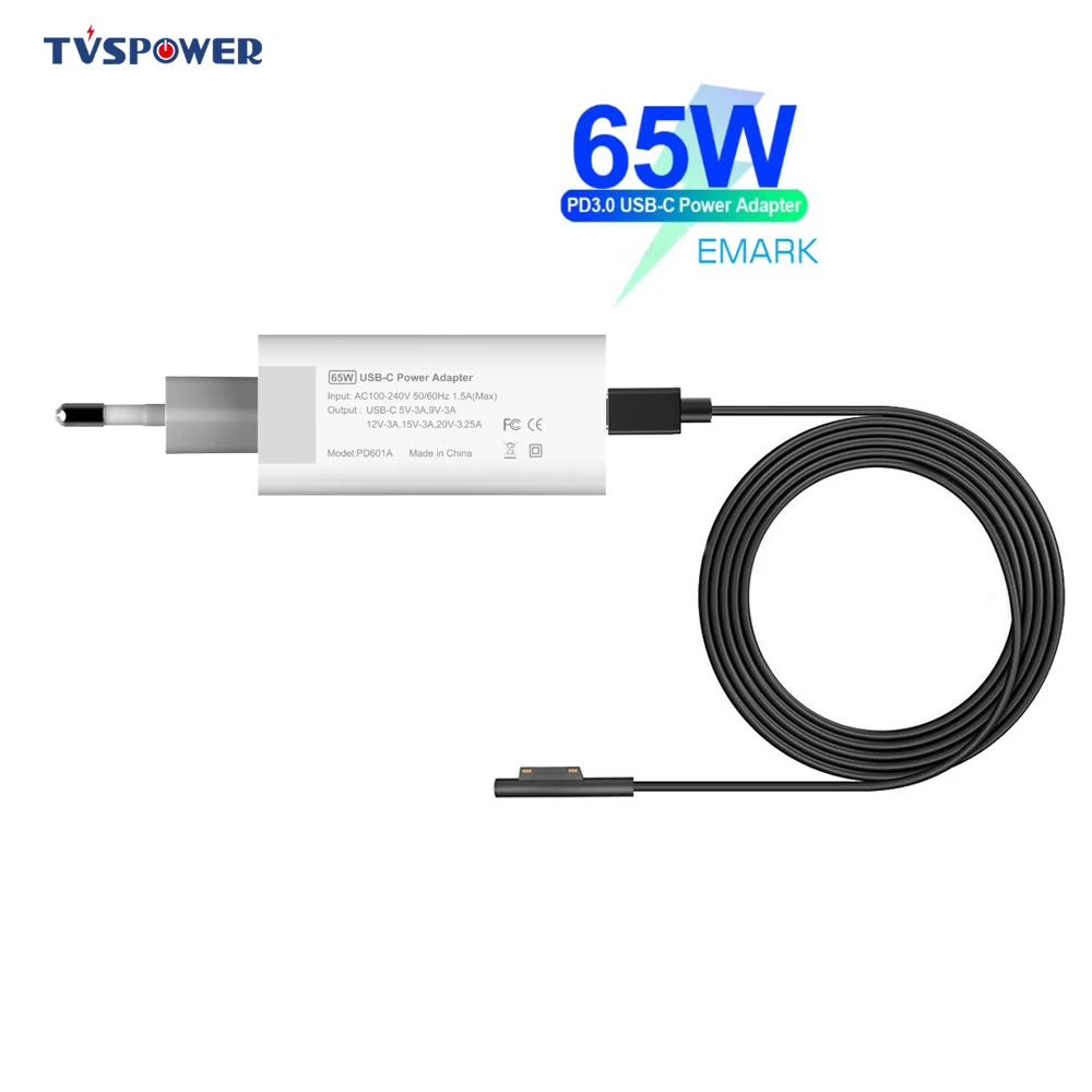 Блок питания 65 Вт 15 в USB PD к поверхности Type C адаптер для ноутбука Microsoft Surface Pro 6/5/4/3 Go