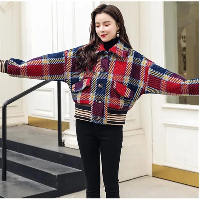 

Женское шерстяное пальто в клетку, утепленная короткая шерстяная куртка в Корейском стиле для осени и зимы