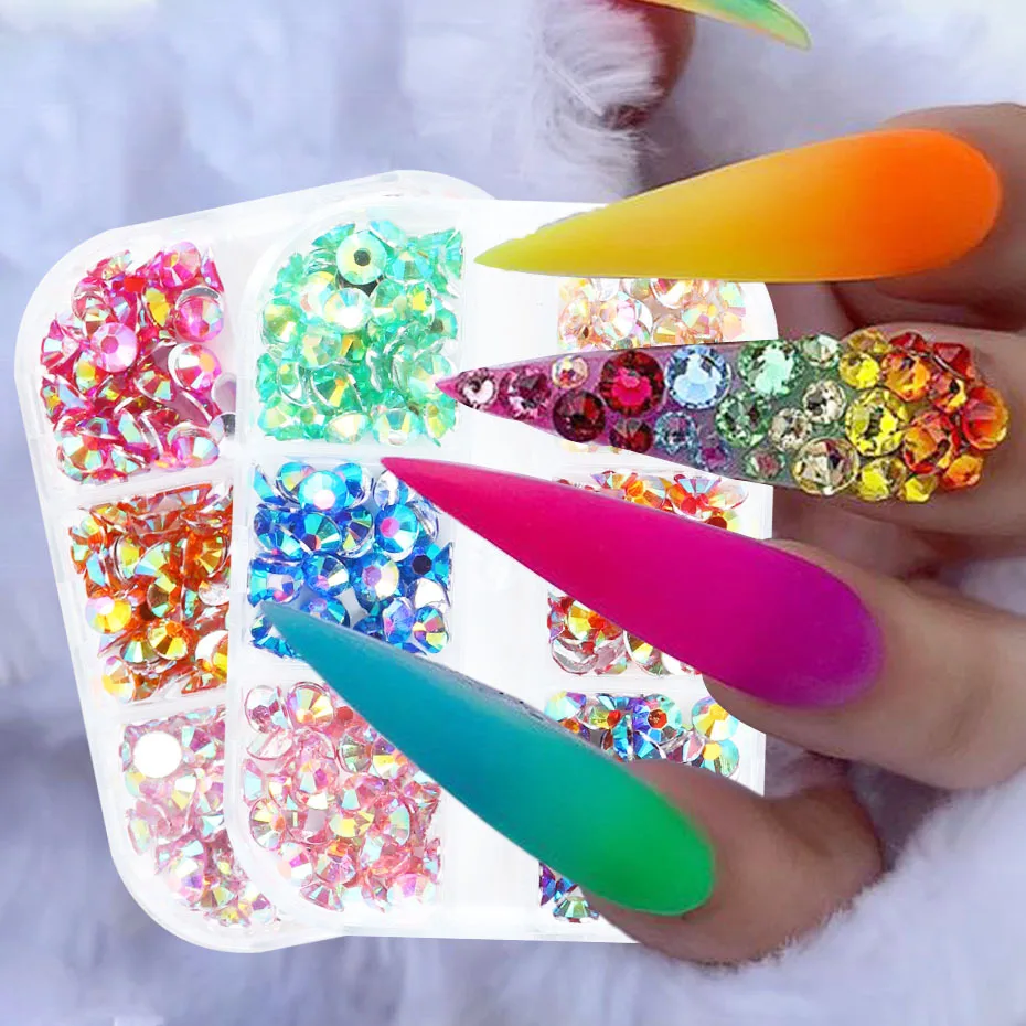 

6 Grid Rhinestone Nail Art Decoration Mixed Size Chameleon Resin Nail Art Symphony Flat Diamond Crystal Accessories 3d Charms