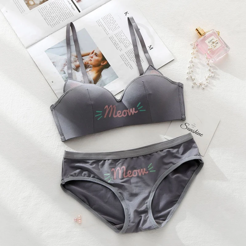 Gray Roseheart Женские Модные Зеленые Сексуальные комплекты нижнего белья беспроводные хлопковые трусики мягкие бюстгальтеры пуш-ап комплекты бюстгальтеров нижнее белье A B Kitty прекрасный - Цвет: Gray