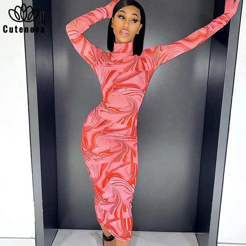 

Cutenove Casual Bodycon Dresses For Women's 2021 Summer Clothing Mesh See Though Turtleneck Mixi Dress Female Streetwears