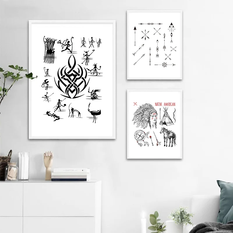 3 Панели Картина на холсте индейцев черно-белая стрела и слово плакат печать