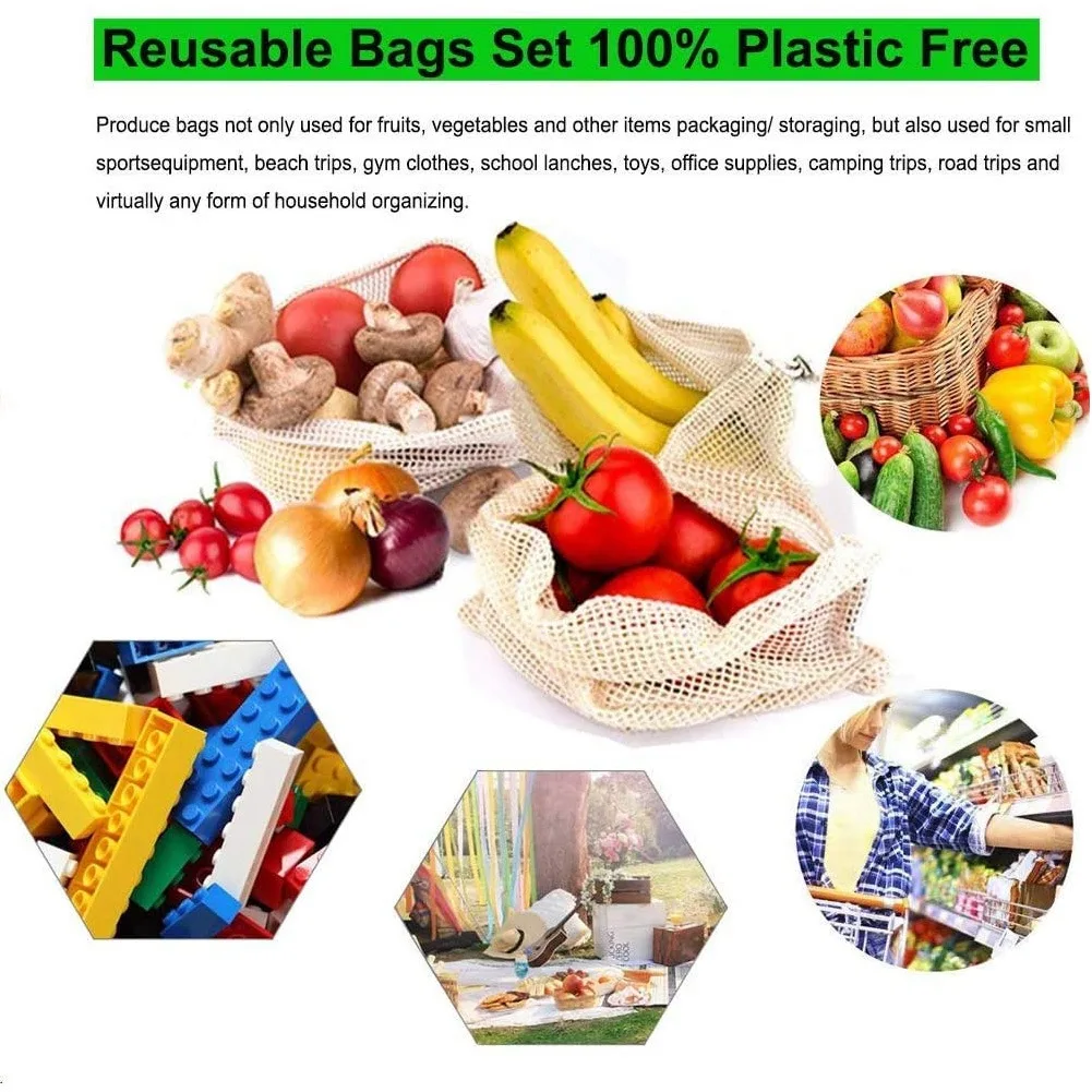 

9 PCS Set of Reusable Mesh Produce Bags for Grocery, Vegetable & Fresh Produce Storage Cotton Bags