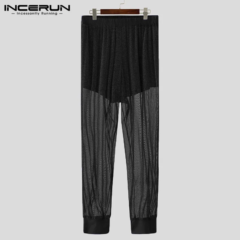 

Мужские прозрачные ткани с эластичной резинкой на талии брюки для девочек INCERUN мужские прозрачные модные однотонные сетчатые брюки вечерни...