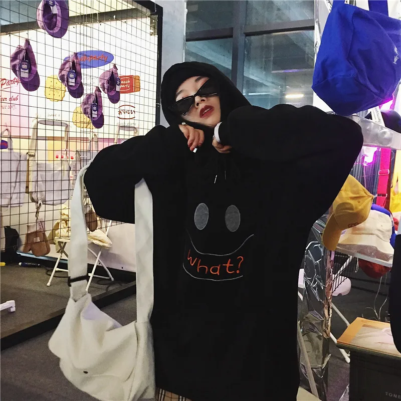 Harajuku толстовка женская вышитая смайлик бархатная Толстовка пуловер с капюшоном