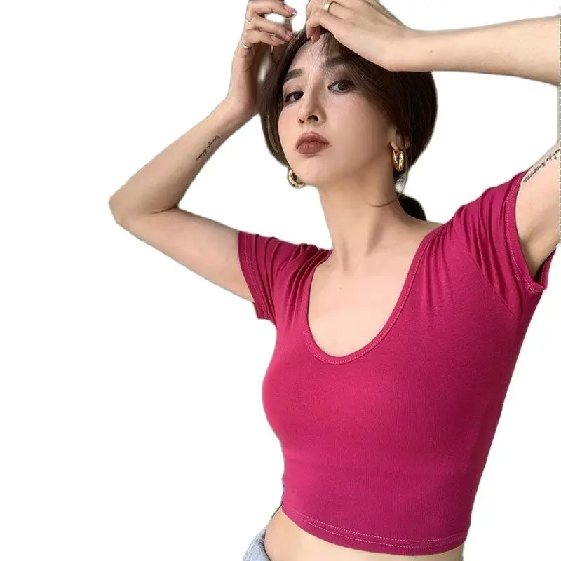 

European and American sexy low cut V-neck hot girl open navel short top 2021 summer new tight elastic short sleeve T-shirt