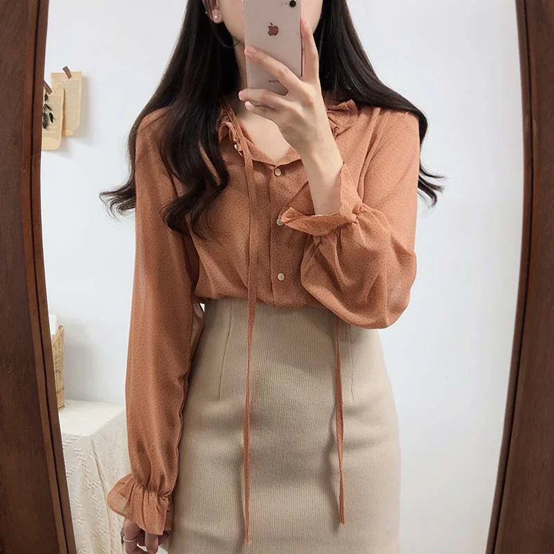 Милые рубашки на шнуровке с оборками и воротником женские расклешенными