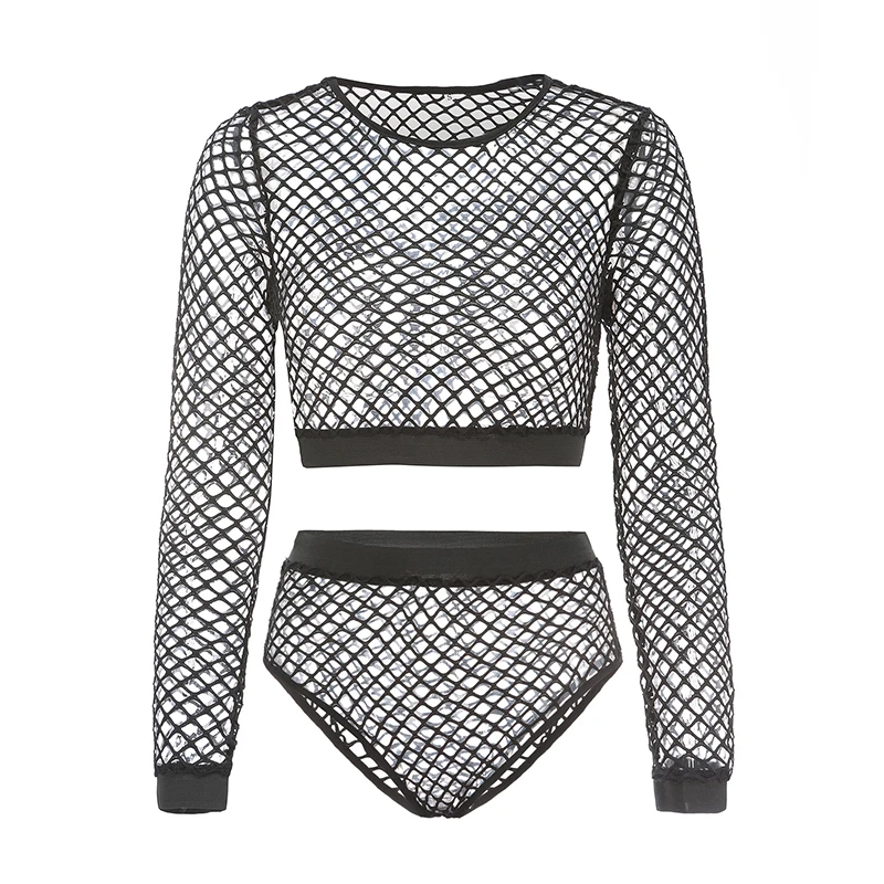 Ажурный эластичный комплект из двух предметов сетчатый топ с длинным рукавом и