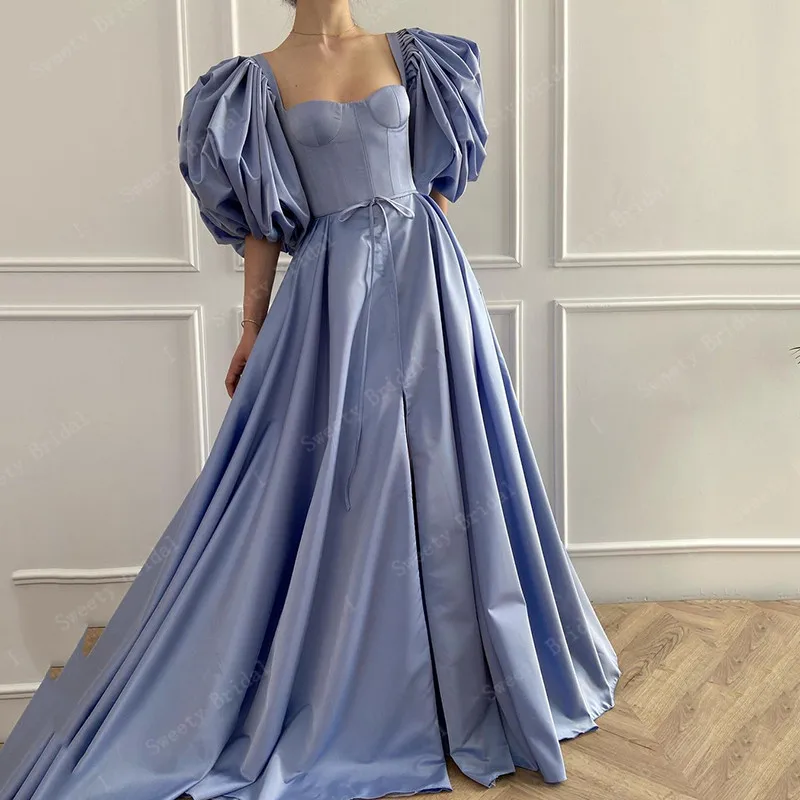 

Saudi Arabia Blue Long Evening Dress Sweetheart Puff Pleated Short Sleeves Satin Celebrate Dress A-Line Lace Up Prom Party Dress