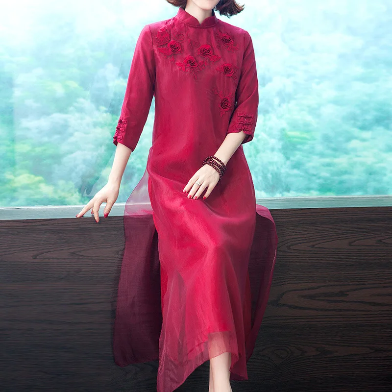 

Big size women's 2020 new China style stand collar embroidered dress