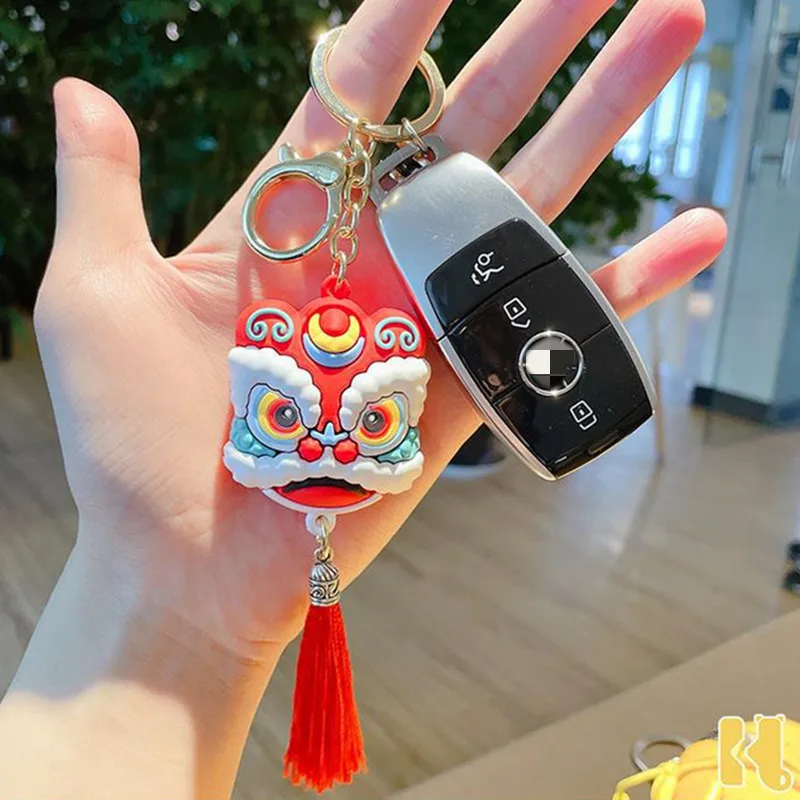

Creative lion dance keychain lucky Chinese style lion head car keyring cute bag key chain schoolbag pendant small girl boy gift