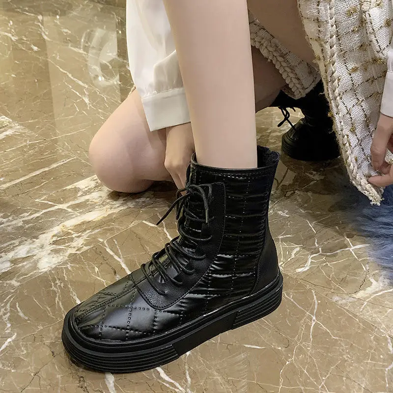 

Winter 2020 new down diamond face snow cotton boots women muffin slope heel thick soled Martin lace up short boots