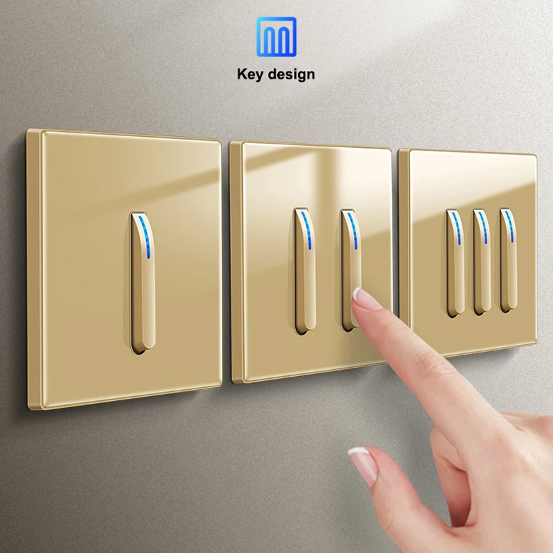 

Piano Key Model Design Wall Light Push Button Switch 1-4 Gang 2 Way Gold Tempered Glass Panel Wall EU UK Socket