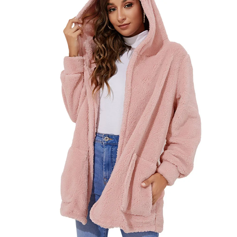 

Women Solid Teddy Bear Korean Coats Fluffy Jacket Faux Fur Hooded Cardigan Winter Warm Outwear Sweatshirt Tops Fashion Clothes