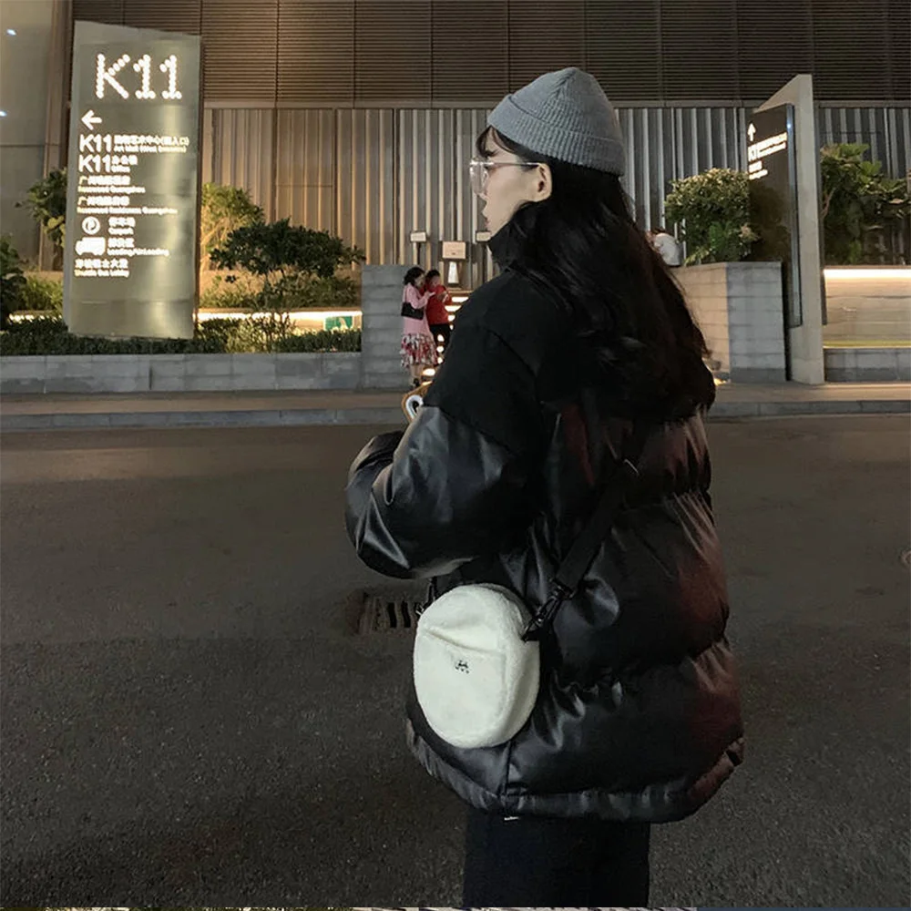 Winter Women Elderly Long-sleeved Down Jacket Black Warm Jacket PU Leather Stand-up Collar Windproof Women Fashion Jacket