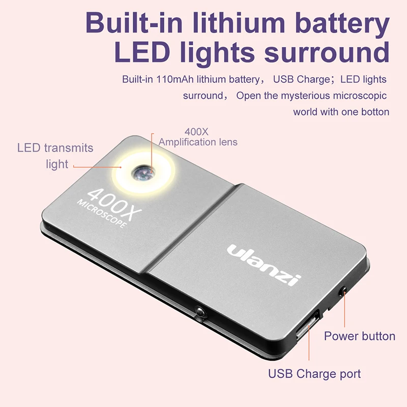 Ulanzi 400X микроскоп телефон объектив комплект для iphone 11 с чехлом Bulit in свет