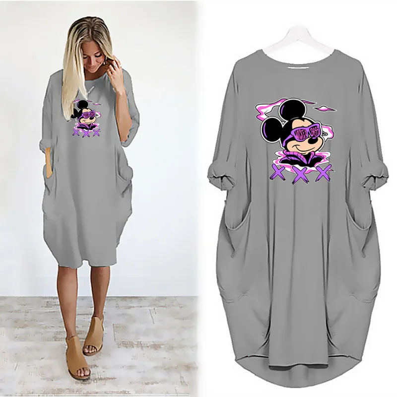

Mickey Mouse Disney Midi Dresses Loose Sundress Long Sleeve Print Casual Vestidos Streetwear Pocket Dress Party Beach Robe Femme