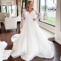 2021 wedding dress plus size long sleeve royal train floor length lace appliques bridal gowns v neck tulle white women brides