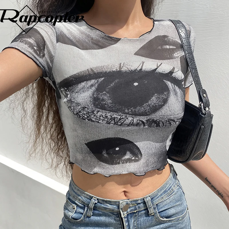 

Rapcopter Printed Crop Top y2k Fashion T Shirt Mesh Transparent Tshirt Women Vintage Frill Pulovers Harajuku Tee Streetwear 90s