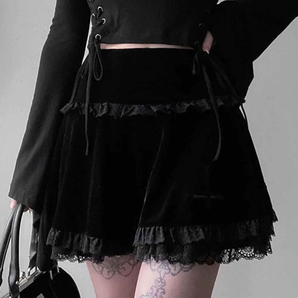 

Gothic Women's Skirt Spring Summer Fashion Hipster Designer Creative Cross Velvet Embroidery Lace High Waist Solid Color 2021