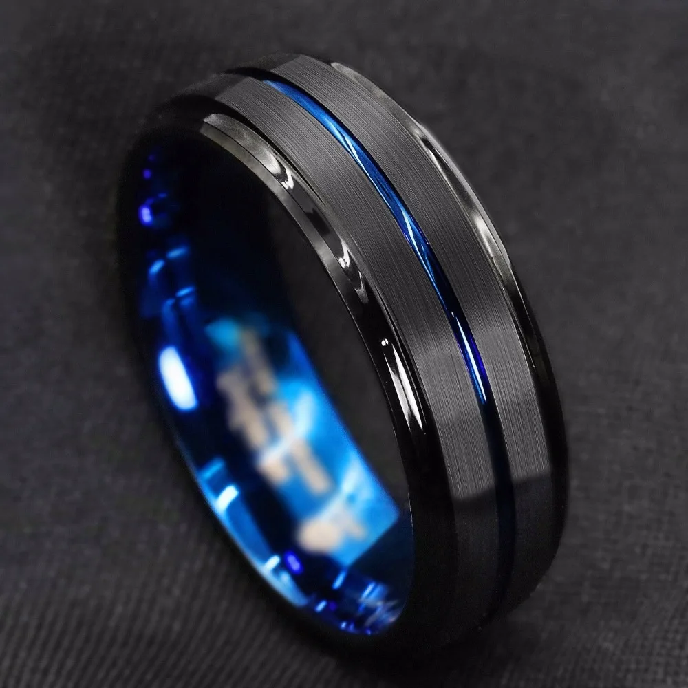 

Titanium Ring For Men.Surface Black Blue Groove Inside Blue Face Stainless Steel Ring.Highlight Man Temperament Light Luxury