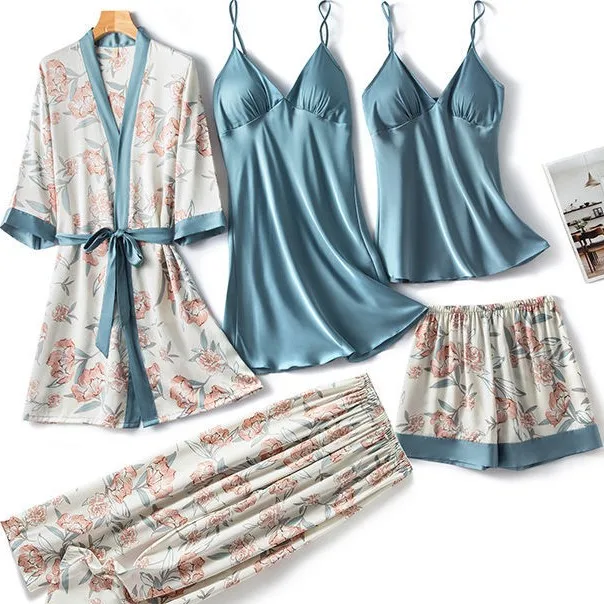

Satin 5PCS Kimono Robe Gown Sets For Women Print Flower Sleepwear Summer Thin Lingerie Nightwear V-Neck Bathrobe Comfy Pajamas