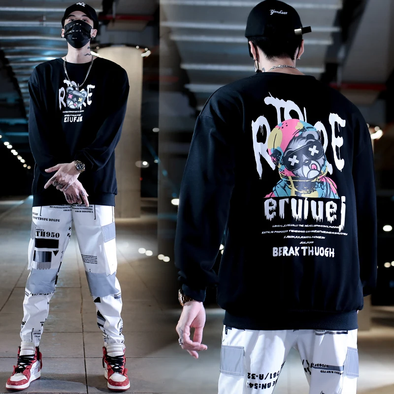 

European and American men's loose spring and autumn hip-hop Harajuku cartoon print round neck men's clothing