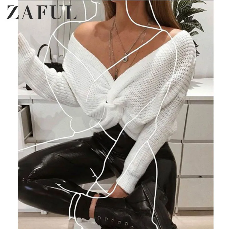 ZAFUL X Yassman Bateman Twisted Diamond Shoulder Jumper Sweater Uneven Hem Low Cut Drop Warm Plunging Neck 2019 | Женская одежда