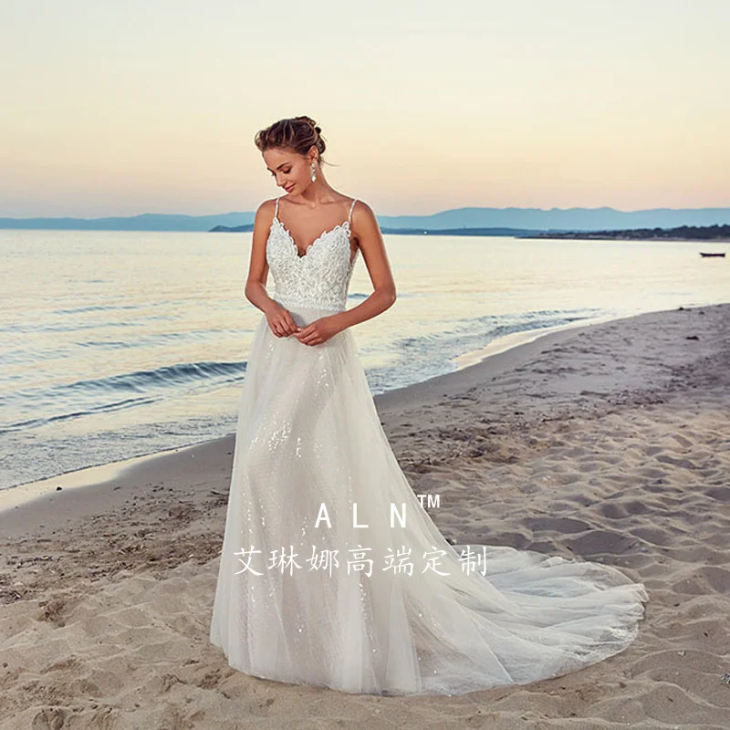 Robe de mariee Новое поступление летнее пляжное свадебное платье с бретельками белое свадебное платье с открытой спиной es Vestige De Noiva