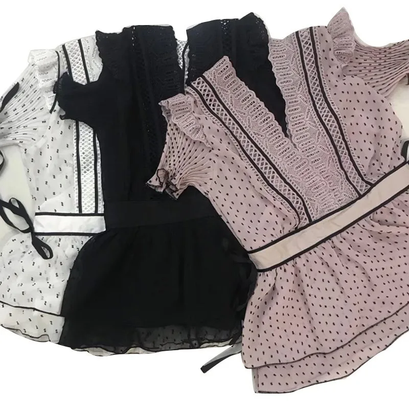 

GALCAUR Print Patchwork Women's Blouses V Neck Ruffles Sleeve Lace Bandages Hollow Out Female Shirts Casual 2020 Spring Fashion