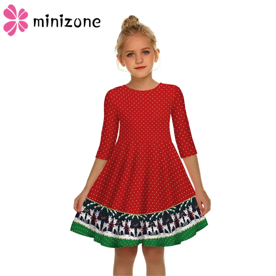 Детские платья для девочек с длинными рукавами Платье принтом оленя и снежинки