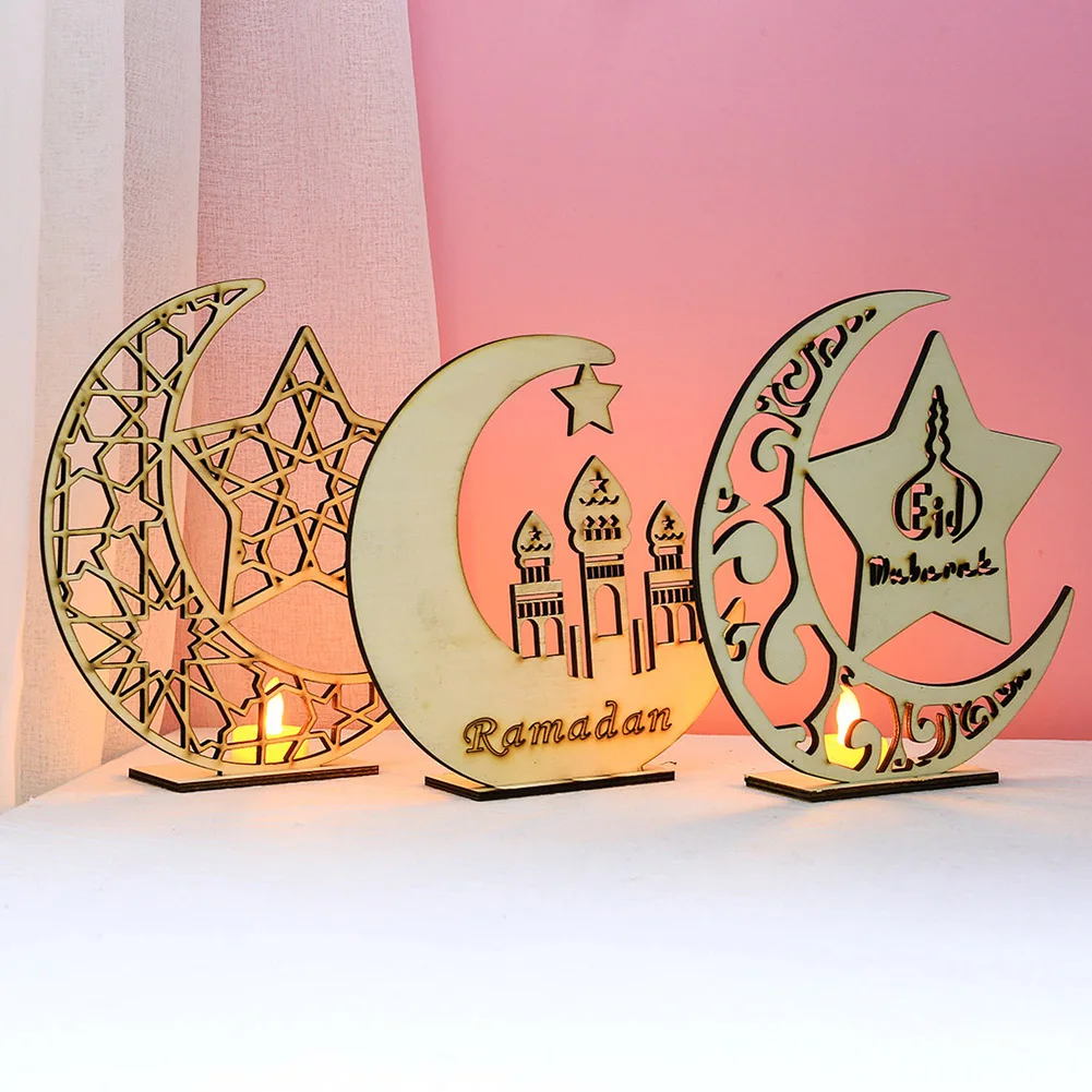 

Wooden Moon Star LED Lights Desktop Ornament Eid Mubarak Muslim Islam Ramadan Festival Decorations Art Craft for Home