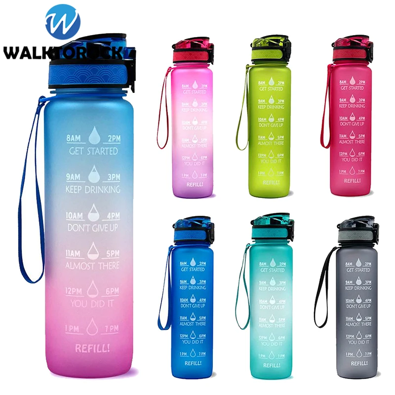 

Water Bottle With Bounce Cover Time Scale Reminder 1L Large Capacity Sport Bottle Leakproof Drinking Bottle Gradient Color Bottl