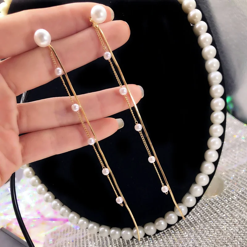 Women's Fashion Imitation Pearl Tassel Earrings, Long White Round Pearl Pendant Earrings for Wedding, Bridal Jewelry image 2