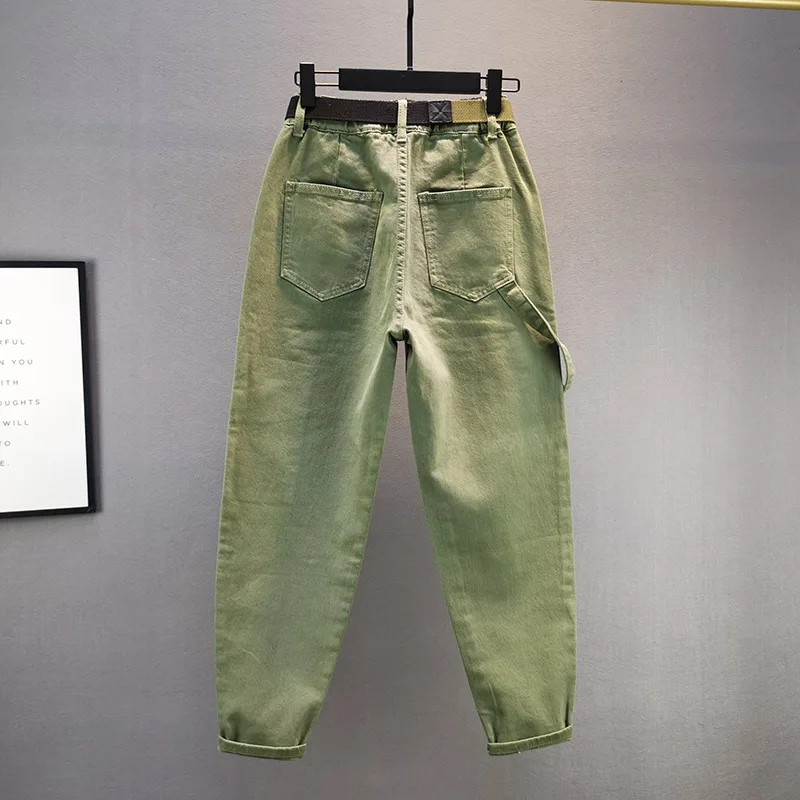 

Denim Overall Pants Women's 2020 Autumn and Winter New European Ins Elastic High Waist Loose Harem Pants Cool Army Green Jeans