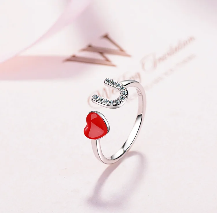 

New Fashion 925 Sterling Red Heart Dazzling Micro CZ U Letter Ring For Women Engagement Adjustable Ring Anillos Wedding Gift