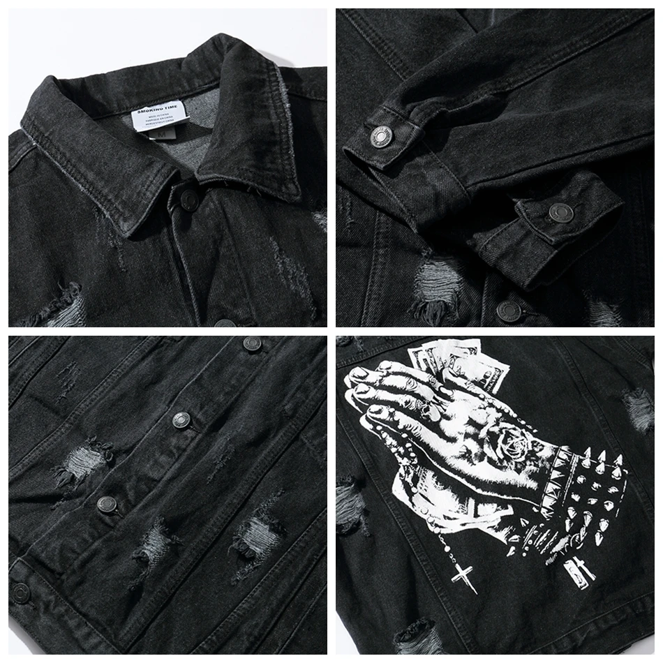 Харадзюку ручная печать Hole Chaqueta Hombre уличная джинсовая куртка мужская с отворотом