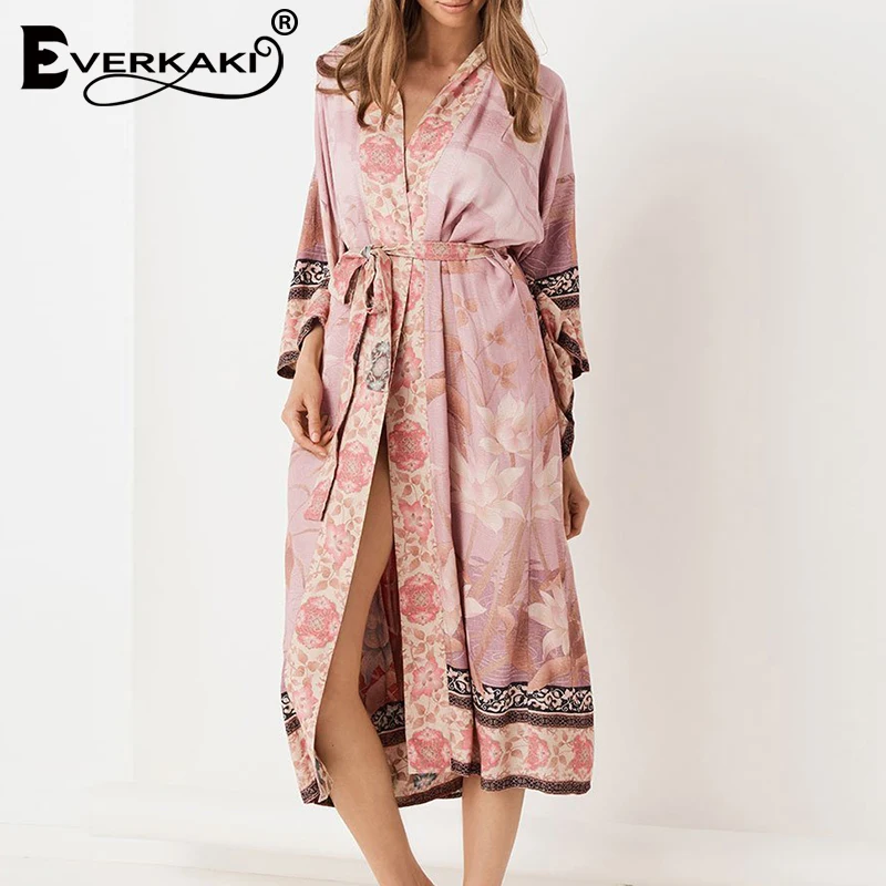 Женское пальто кимоно Everkaki розовое длинное с цветочным принтом и поясом весна