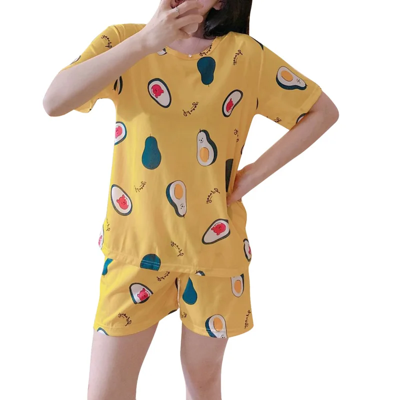 

Littlerossa Cute Fruit Print Summer Pajamas Set For Women 2020 Girls Loose Casual Sleepwear T-Shirts Shorts 2 Set Homewear