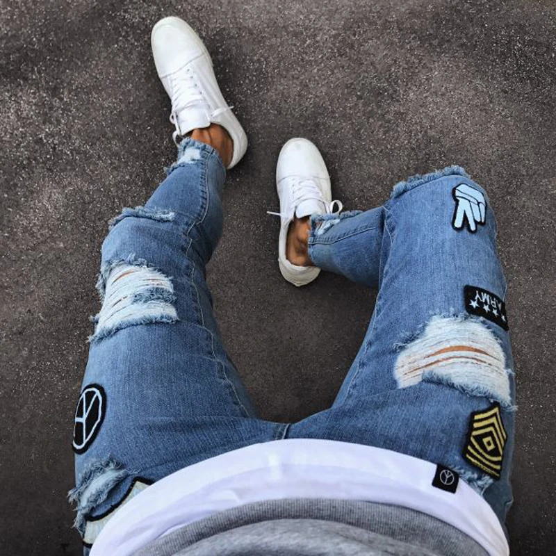 

New Fashion skinny jeans Men Stylish Ripped Jeans Pants Biker Skinny Slim Straight Frayed Denim Trousers men Clothes