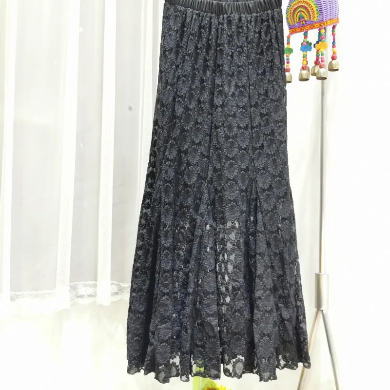 

TVVOVVIN 2021 Spring New Hollow Out Pleated Comfortable Lace Mid-length Skirt Fashion Female High Waist Skirts YGX5