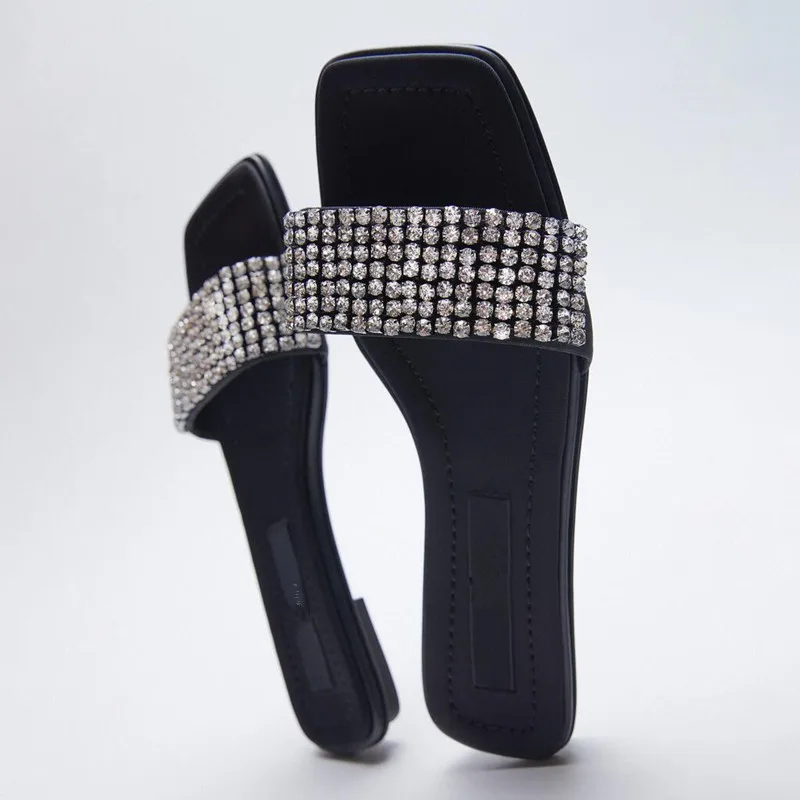 

ZAR Brand Slippers Women Summer Luxury 2021 New Fashion Square Toe Rhinestone Flat-Heeled Sandals Plus Size 41 Chaussure Femme