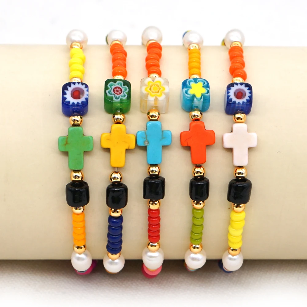 

GO2BOHO Boho Jewelry Rainbow Beads Bracelet For Women Cross Bracelets Pulseras Mujer Moda Real Pearl Patchwork
