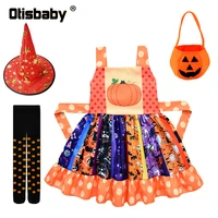 halloween child black vampire costume carnival party girls orange pumpkin witch dress up toddler ruffle vest print casual dress