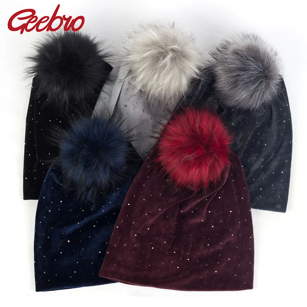 Geebro женские Стразы мешковатые бархат шапки вязаные шапочки с алмазным узором