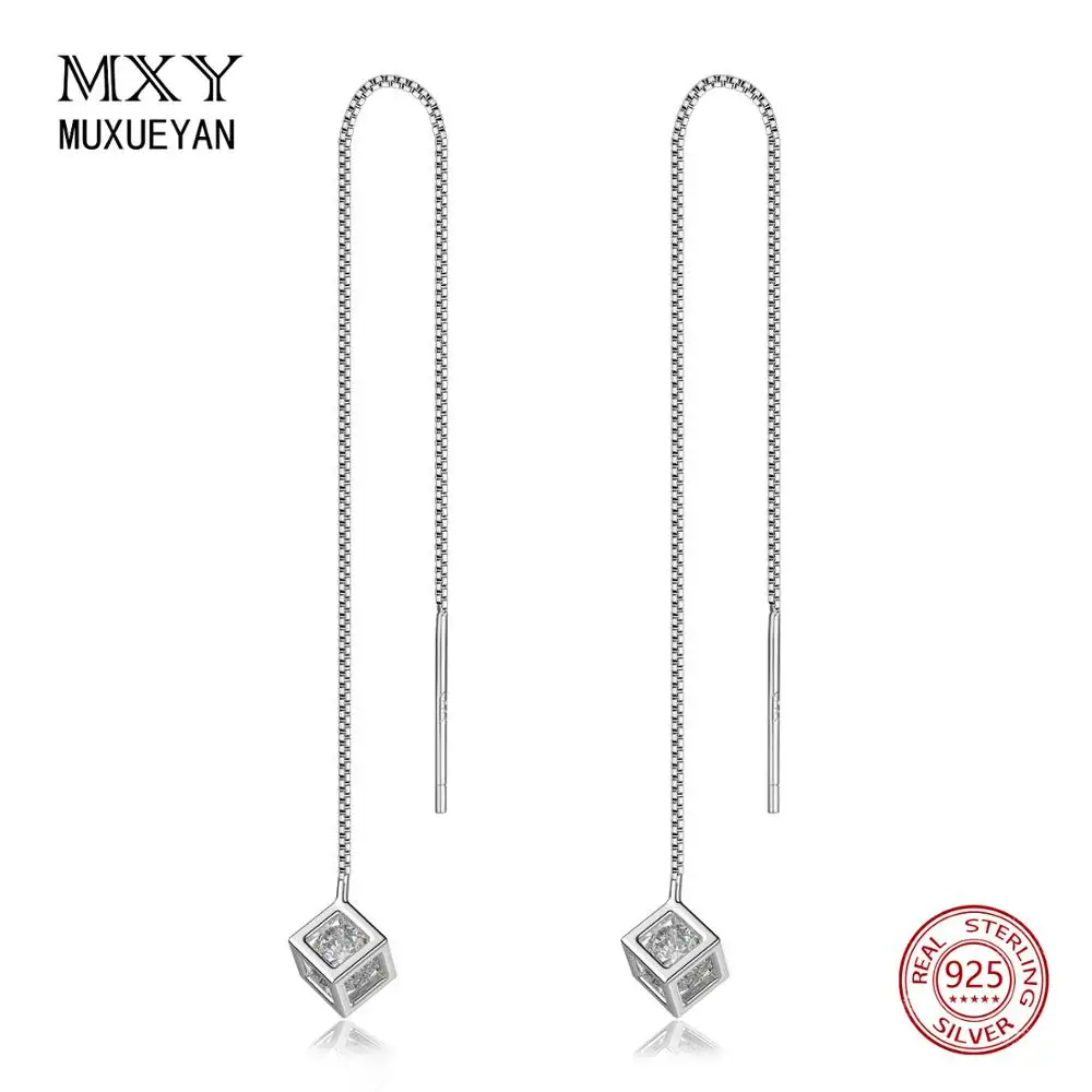 

925 Sterling Silver long chain pendent cube with Crystal Hanging Earring for women Streamline type Jewelry MUXUEYAN