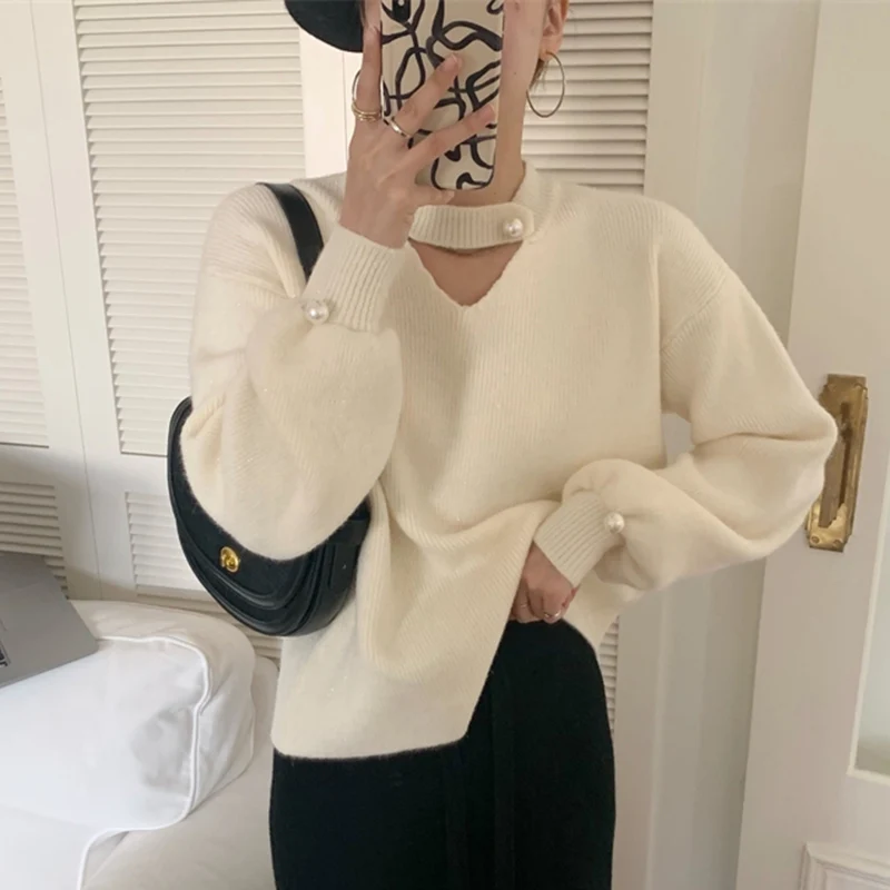 Женский ажурный свитер на пуговицах Свободный Повседневный теплый пуловер с