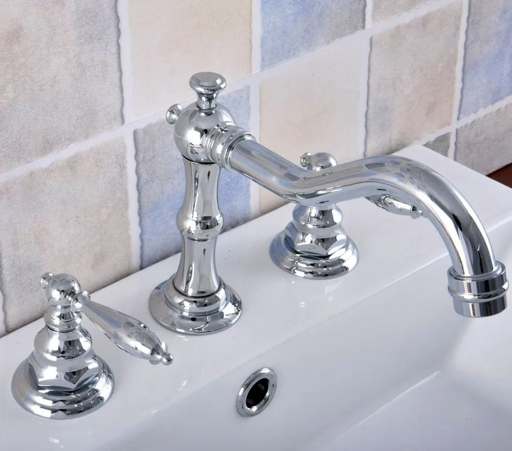 

3 Hole Basin Faucet Chrome Solid Brass Widespread Bathroom Sink Faucets Double Handle Deck Mount Tub Hot Cold Mixer Water Tap